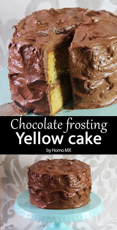 Homemade Yellow Cake With Chocolate Frosting, Yellow Cake Chocolate Frosting, Yellow Frosting, Yellow Birthday Cake, Dessert Corner, Yellow Cake With Chocolate Frosting, Chocolate Icing Recipes, Homemade Yellow Cake, Yellow Butter Cake