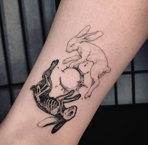 Esoteric Tattoo, Geometric Tattoo Hand, Twin Tattoos, Earth Tattoo, Bunny Tattoos, Skeleton Tattoos, Rabbit Tattoos, Creepy Tattoos, Spooky Tattoos