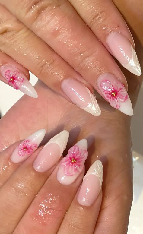 Acrylic Nails, Almond, Nail Designs, Nails, Flowers, Pink, White