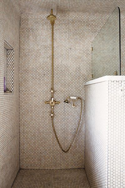 Penny Tiles Bathroom, Tiles Ideas, Penny Tile, Bathroom Themes, Bathroom Shower Tile, Brass Fixtures, West Village, Bathroom Renos, Beautiful Bathrooms