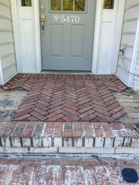 Herringbone Brick Patio, Mortar Wash, Herringbone Brick, Brick Porch, Brick Patio, Porch Makeover, Farmhouse Front Porches, Porch Flooring, Brick Pavers