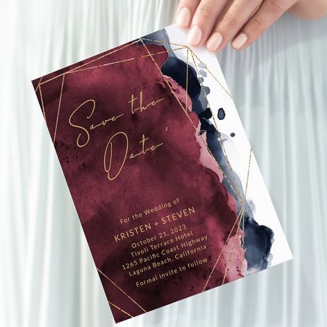 Burgundy &amp; Navy Blue Watercolor Save The Date Invitation - navy gold save the date invitations Navy Burgundy Gold Wedding Invitations, Burgundy Navy Blue Wedding, Navy And Burgundy Wedding, Watercolor Save The Date, Navy Blue And Gold Wedding, Brand Aesthetics, Burgundy Invitations, Burgundy And Navy Blue, Navy Blue Watercolor