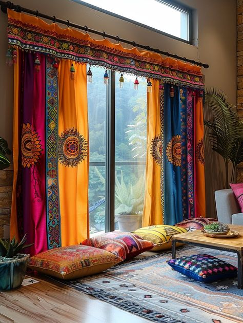 16 Boho Curtain Designs for the Free Spirit - H.M.G Boho Room Inspiration, Boho Bedroom Decor Hippie, Cortinas Boho, Homemade Curtains, Setting The Mood, India Home Decor, Fabric Hanging, Boho Style Decor, Boho Curtains