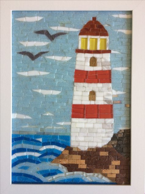 Mosaic Lighthouse Patterns, Mosiac Art Paper, Glass Mosaic Art Ideas Easy, Beach Mosaic Ideas, Mosiacs Projects Diy, Mosaic Art Easy, Mosaic Designs Easy, Mosaic Lighthouse, Easy Mosaic