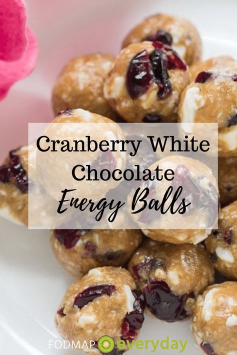 Low FODMAP Cranberry White Chocolate Energy Balls - FODMAP Everyday Chocolate Energy Balls, Chocolate Protein Balls, Low Fodmap Snacks, Cranberry White Chocolate, Fodmap Snacks, Ibs Recipes, Ball Recipes, Energy Ball Recipe, White Chocolate Cranberry