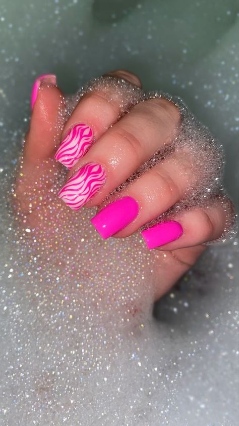 Pink Barbie Nails Design, Pink Barbie Nail Art, Nail Barbie Pink, Pink Barbie Inspired Nails, Pink French Nails With Heart, Cute Barbie Nails, Barbie Pink Acrylic Nails Designs, Barbie Pedicure, Barbie Theme Nails