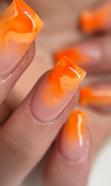 Orange Marble Nail Designs, Subtle Orange Nails, Orange Marble Nails Acrylic, Orange Nail Ideas Acrylic, Nails Orange Design, Ombre Nails Orange, Gel Nails Orange, Orange Marble Nails, Nail Ideas Orange