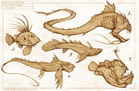 ArtStation - Christian Johnson - More Fish creature sketches. Monster Fish Drawing, Angler Fish Reference, Fish Creature Concept Art, Seahorse Concept Art, Fish Monster Character Design, Deep Sea Fish Drawing, Fantasy Fish Art, Sea Creatures Concept Art, Fish Reference Drawing