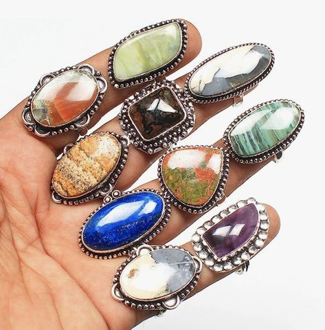 Studded with natural gemstones, this 10-piece chunky ring set features a unique Bohemian style, handmade to deliver a unique style statement. This fashion ring set will make your fingers look more elegant and graceful. This versatile silver-plated ring set can be worn in a variety of ways to customize your style. This knuckle ring set is a wonderful gift for your girlfriend, sister, Valentine's Day, Christmas Day, Mother's Day, birthday, anniversary etc. THIS IS AN AFFILIATE LINK Rings Pack, Ring Set Silver, Jasper Lapis, Fashion Ring Set, Rings Chunky, Chunky Silver Rings, Hippie Rings, Rings Metal, Handmade Jewelry Ring