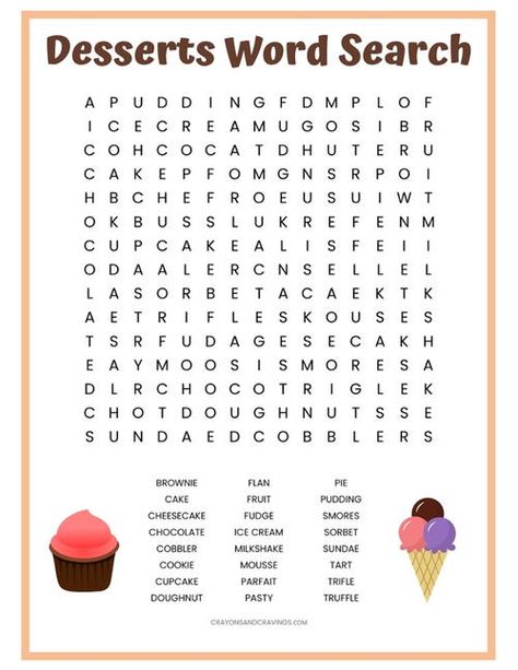 Desserts Word Search Printable Dessert Worksheet, Large Print Word Search Printable, Wordsearch Worksheets For Adults, Free Printable Word Search Puzzles For Adults, Simple Word Search For Kids, Puzzle Words Worksheets, Find Words Puzzle For Kids, Word Search Printables For Adults, Find The Words Puzzle