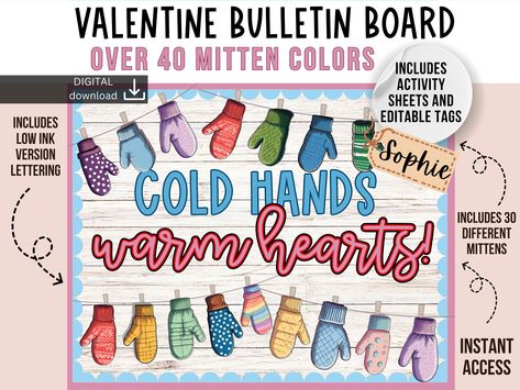 Valentine bulletin board | February display kit | mitten decor | cosy classroom | editable bulletin | seasonal display idea | class activity by SlidesAndStyle on Etsy Cosy Classroom, Mitten Decor, Bulletin Board Winter, Valentine Bulletin Board, Valentine Bulletin Boards, Winter Bulletin Board, Winter Bulletin, Cold Hands Warm Heart, Winter Bulletin Boards