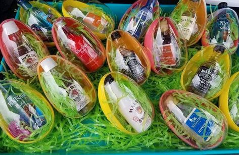 Fill Plastic Eggs With Mini Bottles Of Alcohol For A Boozy Adult Easter Egg Hunt Adult Egg Hunt, Mini Bottles Of Alcohol, Adult Easter Egg Hunt, Bottles Of Alcohol, 1st Of April, Adult Easter Baskets, Mini Liquor Bottles, Adult Easter, Plastic Easter Eggs