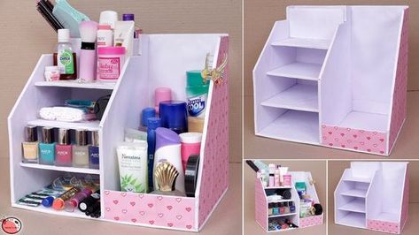 Diy Makeup Organizer Cardboard, Diy Makeup Organizer, Box Organization, Penyimpanan Makeup, Room Organizer, Diy Makeup Storage, Diy Organizer, Cardboard Crafts Diy, Makeup Organization Diy