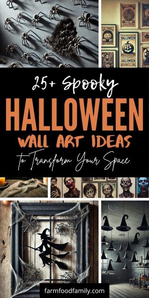 25 Spooky Halloween Wall Art Ideas and Hanging Decorations to Transform Your Space 48 Halloween Wall Decor Ideas, Diy Fall Wall Art, Halloween Wall Art Diy, Diy Halloween Wall Decor, Halloween Bar Decor, Halloween Wall Decorations, Eve Art, Halloween Hanging Decorations, Vintage Wall Art Prints