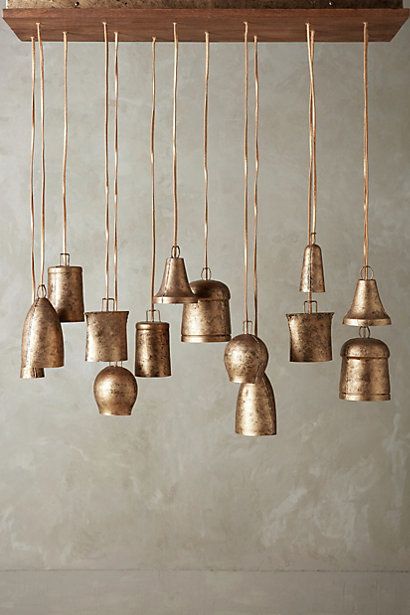 Rustic Campanology Chandelier, Fourteen-Light bell-shaped pendants on a wooden fixture #anthropologie Luminaria Diy, Antique Bell, Bell Decorations, Vintage Industrial Decor, Gongs, Boho Home, Unique Lighting, Hanging Lamp, Home Lighting