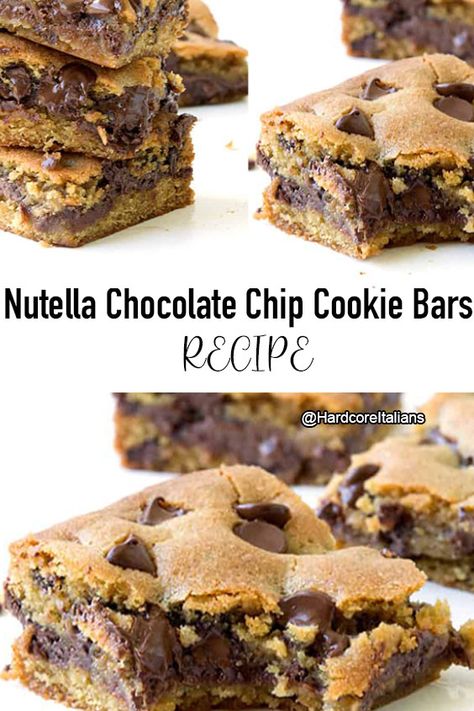 Chocolate Chip Nutella Cookies, Nutella Cookie Bars, Nutella Bars Recipes, Nutella Brookies, Chocolate Chip Cookie Dough Brownies, Chocolate Chip Cookie Bar Recipe, Nutella Bar, Cookie Dough Desserts, Nutella Chocolate Chip Cookies