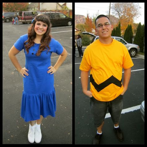 DIY Charlie Brown & Lucy Costumes. Lucy dress made of two XL t-shirts. Diy Lucy Peanuts Costume, Lucy Peanuts Costume, Charlie Brown And Lucy Costume, Lucy Charlie Brown Costume, Homade Halloween Costumes, Lucy Van Pelt Costume, Peanuts Costumes, Peanuts Costume, Peanuts Halloween Costume