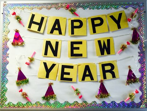 Happy New Year School Bulletin Board New Year Board Decoration, New Year Bulletin Board Ideas, New Year Board, Board Decoration Ideas, February Bulletin Boards, Year Board, Infant Daycare, School Decoration, Preschool Bulletin