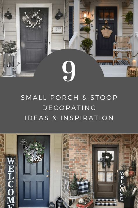 Small Porch Decorating: Ideas and Inspiration - Finding Mandee Small Porch With Bench, Small Front Porch Potted Plant Ideas, Exterior Door Decor Ideas, L Shaped Front Porch Decorating Ideas, Single Door Front Porch Decor, How To Decorate A Small Front Stoop, Small Porch Spring Decor, Farmhouse Small Front Porch Ideas, Small Porches Ideas Entrance