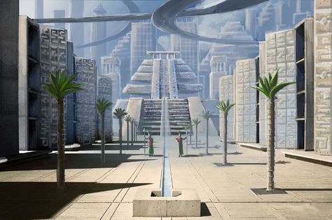 ArtStation - Aztec Modern, Jaap Prins Aztec Architecture Art, Aztec City Concept Art, Aztec Futurism, Aztec Kingdom, Aztec Palace, Aztec Aesthetic, Aztec Architecture, Aztec City, Aztec Temple