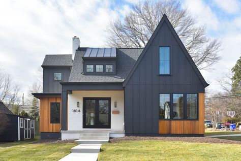 Black Board And Batten Exterior, Black Board And Batten, Cape Cod Exterior, Cape Cod House Exterior, Timber Frame Porch, Modern Cape, Sunset House, Board And Batten Exterior, Exterior House Remodel