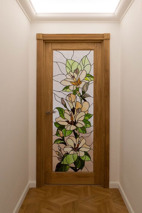 Stained glass doors on Behance Stained Interior Doors, Door Stained Glass, Stained Glass Doors, Flowers Stained Glass, Painting On Glass Windows, Window Glass Design, Diy Wood Wall, Door Design Photos, Make Stickers