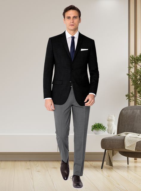 Craft a sophisticated outfit with a sharp black suit jacket and white shirt, complemented by a navy tie, grey pants, and polished brown Oxford shoes, ideal for a polished, professional ensemble. Black Jacket Grey Pants Men, Black Suit Brown Shoes Men, Black Suit Jacket Outfit Men, Black Blazer White Shirt, Oxford Shoes Outfit Men, Black Blazer Outfit Men, Grey Blazer Mens, Blazer White Shirt, Grey Pants Outfit