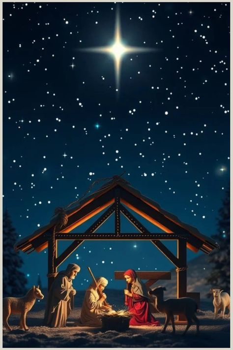 Nativity scene under a starry night sky. Jesus Images Hd, Symbols Of Hope, Jesus In A Manger, Celebrate Jesus, Christian Images, Bible Characters, Prophetic Art, The Cross Of Christ, The Spirit Of Christmas