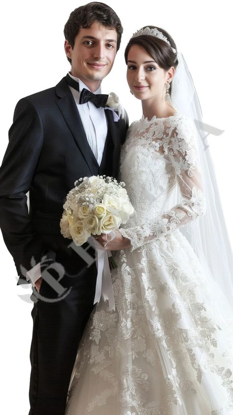 Phalya - bride and groom standing together Off White Gown, Classic Black Tuxedo, A Bouquet Of Flowers, White Gown, Black Tuxedo, White Gowns, Couple Photo, Bouquet Of Flowers, The Groom