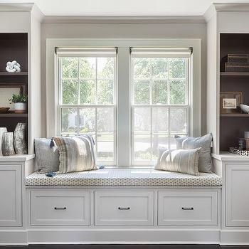 Grey Window Seat, Built In Window Seat, Bay Window Seat, Window Seat Design, Cabinets Ideas, Window Benches, Gray Cabinets, Transitional Living, Transitional Living Rooms