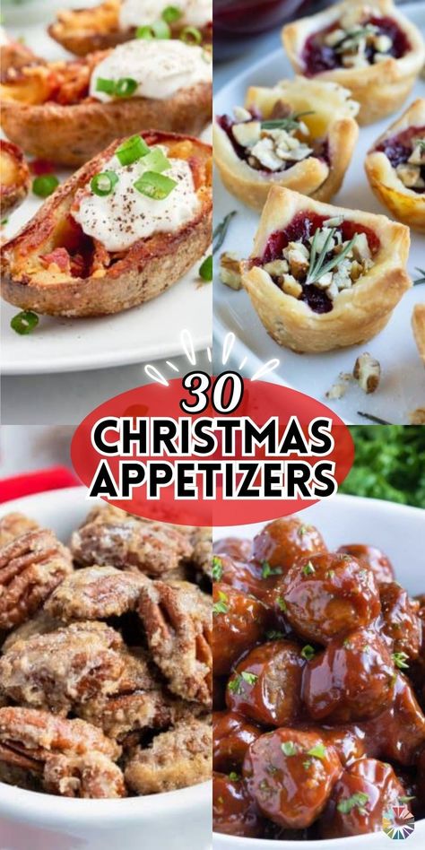 Looking for a holiday appetizer that will be a crowd pleaser? These 30+ easy Christmas appetizers will be the PERFECT finger foods at your Christmas party this year! From a silky, creamy dip to a perfectly bite-sized brie snack, these Christmas appetizer ideas will have your family and friends coming back for more! Grab your supplies, pick a recipe, and enjoy! Christmas Theme Appetizers Party, Food For Christmas Party Appetizers, Finger Food Appetizers Christmas, Holiday Appetizer Recipes Christmas, Christmas Pitch In Food Ideas, Girls Night Christmas Party Ideas Food, Christmas Appetizers In A Cup, Christmas Party Side Dishes For A Crowd, Christmas Party Menu Ideas Appetizers