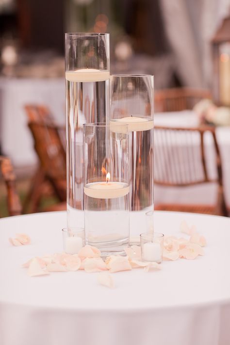 Rose Petal And Candle Centerpiece, Wedding Centre Piece Ideas Romantic, Candle And Water Centerpieces, Floating Candles With Rose Petals, Roses In Water Centerpiece Floating Candles, Candle Centerpieces Wedding Circle Table, Flower Petals Centerpiece, Candle And Rose Petal Centerpieces, Water Candle Centerpiece