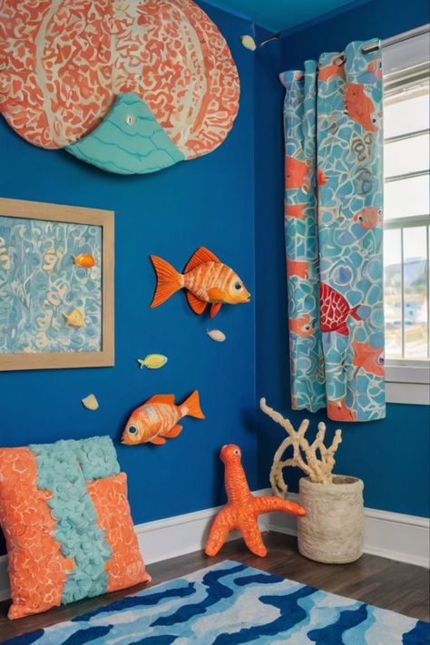 Under the sea-themed kids' playroom with blue walls, fish and coral decals, wave-like rugs, and sea creature-shaped pillows. Kids' Playroom, Playroom Ideas, Ocean Lover, Ocean Themes, Kids Playroom, Playful Design, Wall Colors, Under The Sea, Beautiful Homes