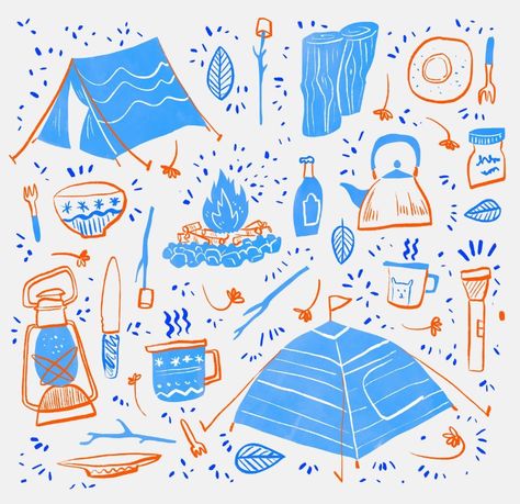 A camping - themed illustration / pattern sample. (Light version) Camping Illustration, Camping Drawing, Camping Theme, Camping Art, Canvas Framing, Camping With Kids, Aluminum Prints, Pattern Illustration, Professional Artist