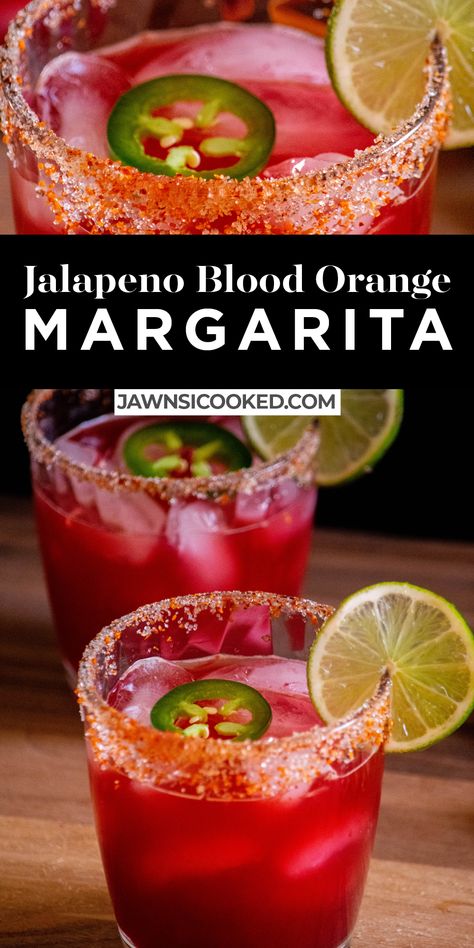 Spicy Alcoholic Drinks, Margarita Recipes With Orange Juice, Jalepeno Tequila Drinks, Spicy Jalapeno Margarita, Super Bowl Party Drinks, Orange Jalapeno Margarita, Spicy Margs, Coconut Blood Orange Margaritas, Blood Orange Margarita Recipe