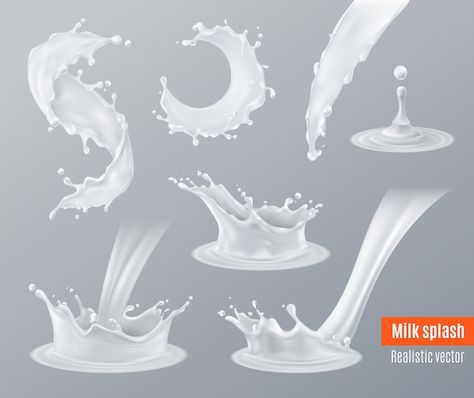 Free vector realistic milk splashes set | Free Vector #Freepik #freevector #milk-splash #milk-wave #milk #milk-drop Food Abstract, Iphone Wallpaper Planets, Milk Flow, Milk Splash, Design Studio Logo, Milk Shop, Vector Free Download, Grey Background, Set Free