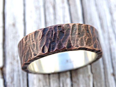 mens wedding band copper, rustic mens ring copper silver, mens wedding ring, unique mens ring wood structure, personalized mens ring by CrazyAssJD on Etsy https://www.etsy.com/ca/listing/285846697/mens-wedding-band-copper-rustic-mens Rustic Mens Rings, Jewerly Ring, Unique Mens Rings, Steampunk Rings, Viking Wedding, Copper Anniversary Gifts, Copper Anniversary, Viking Ring, Men's Wedding Ring