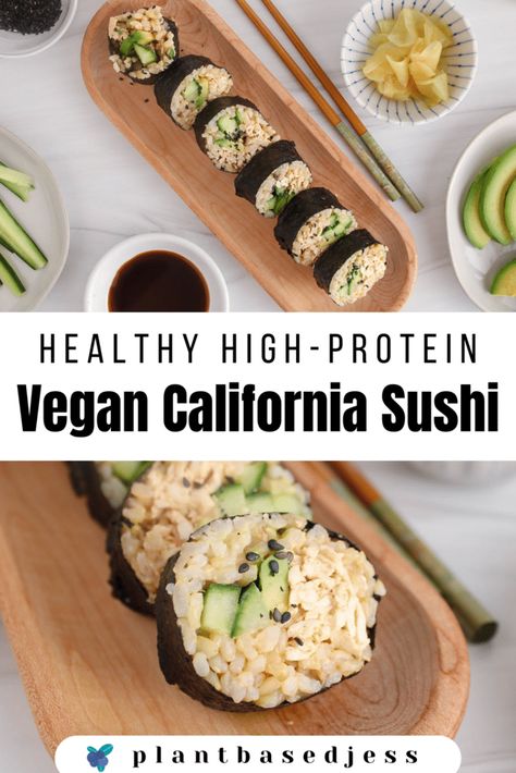 Vegan California Sushi Rolls (High-Protein) - Plant Based Jess Sweet Potato Sushi Roll, California Sushi Rolls, Sushi Fillings, Avocado And Cucumber, Cucumber Sushi, Vegan Crab, Vegan Recepies, Sushi Roll Recipes, Tofu Salad