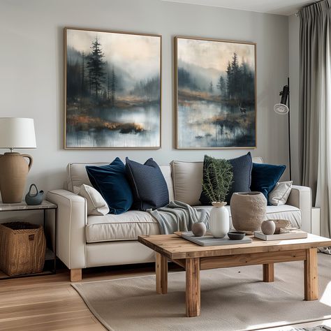 Blue Gray Room Ideas, Elegant Lake House Decor, Mountain Coastal Decor, Lake Cabin Living Room, Blue Gray Brown Living Room, Navy Blue Accent Living Room, Cozy Lake House Living Room, Moody Coastal Living Room, Neutral Living Room With Blue Accents