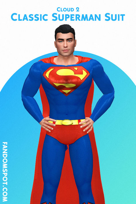 A classic Maxis-Match recreation of Superman's suit and cape. Fits on any male Sims in your household and works great for roleplaying. Sims 4 Superhero Mod, Superman Hair, Classic Superman, Superman Outfit, Superman Suit, Male Sims, Los Sims 4 Mods, Sims Characters, Superman Costumes