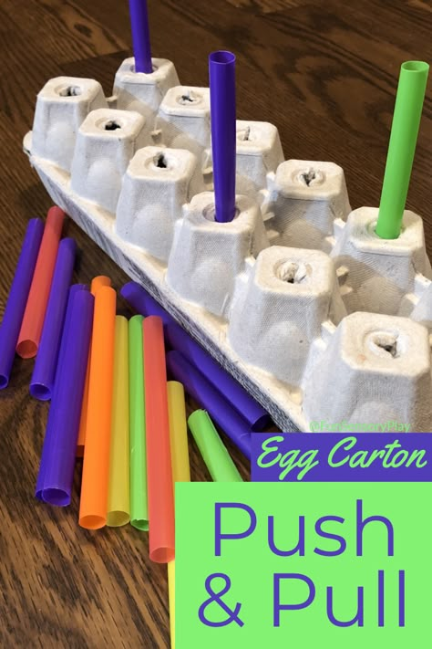 Fine motor skills game for children using an egg carton and straws! Push And Pull Sensory Activities, Push And Pull Stem Activities, Push Or Pull Activities, Recycling Week Activities For Kids, Creative Curriculum Container Study, Push And Pull Activities For Preschool, Structured Play Activities, Moving Activities For Kids, Fine Motor Toddler Activities