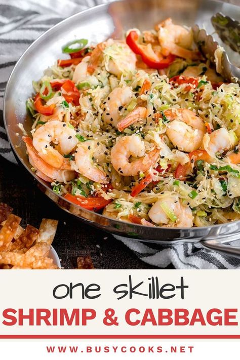 One Skillet Shrimp and Cabbage Stir-Fry One Dish Recipes, Skillet Shrimp, Cabbage Stir Fry, Shrimp Stir Fry, Healthy Shrimp, Fried Cabbage, One Pot Meal, One Skillet, Food Seafood