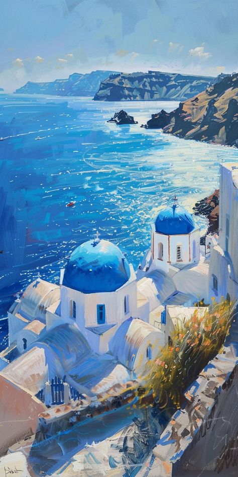 Greece Painting Wallpaper, Paintings Of Greece, Santorini Greece Painting, Greece Landscape, Greece Painting, Greece Art, Digital Painting Techniques, Landscape Paintings Acrylic, Landscape Art Painting