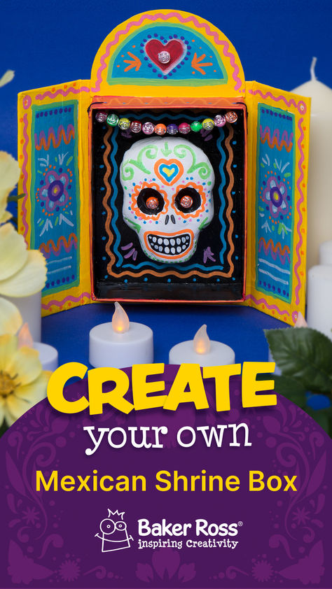 Celebrate Day of the Dead or Halloween with this amazing, fun and simple craft. Using a ready-made box is an easy way to make your own Mexican-style shrine or Nichos. Create a stunning design with a three-dimensional skull and vibrant patterns.  #dayofthedead #mexicanshrinebox #halloweencrafts #halloweendiy Mexican Shrine, Day Of The Dead Diy, Shrines Box, Skull Crafts, Bookmark Card, Box Craft, Shrink Art, Children's Activities, Mexican Crafts