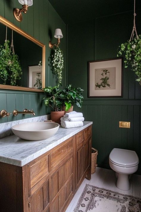 15 Tips for Creating Small Moody Bathrooms – Everyday Inspo Shiplap Bathroom Powder Room, Dark Green Primary Bathroom, Bathroom With Dark Green Vanity, Cozy Moody Bathroom, Green Vertical Shiplap Bathroom, Dark Green Aesthetic Bathroom, Green Moody Bathroom Ideas, Color Wash Bathroom, Emerald Green Bathrooms