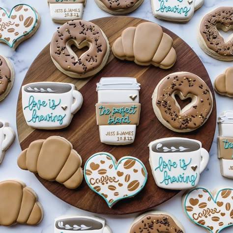 Bridal Coffee Bar Shower Ideas, Breakfast Themed Bridal Shower Ideas, Coffee Wedding Ideas, Cafe Bridal Shower Theme, Coffee Themed First Birthday, Coffee Themed Wedding Reception, Cafe Themed Bridal Shower, Bridal Brunch Cookies, Love Is Brewing Bridal Shower Theme