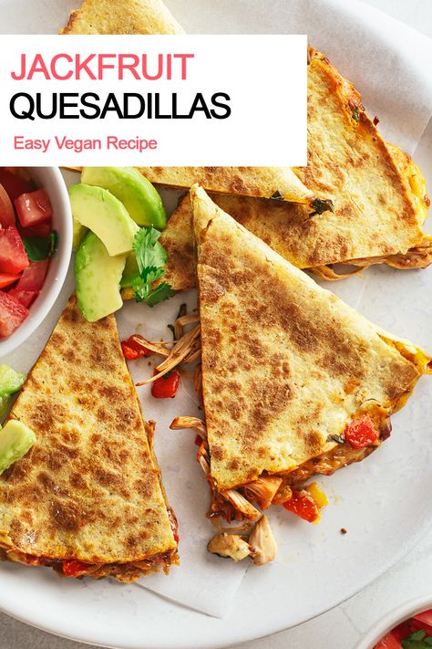 pulled jackfruit quesadillas Jackfruit Quesadilla, Jackfruit Chicken, Vegan Quesadillas, Quesadilla Fillings, Chipotle Cheese, Vegan Quesadilla, Pulled Jackfruit, Vegan Jackfruit, Vegan Crab