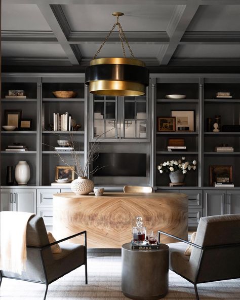 Manly Home Office, Dark Home Office, Gray Armchair, Forest Project, Masculine Home Office, Moody Office, Office Transformation, Elegant Home Office, Sleek Desk