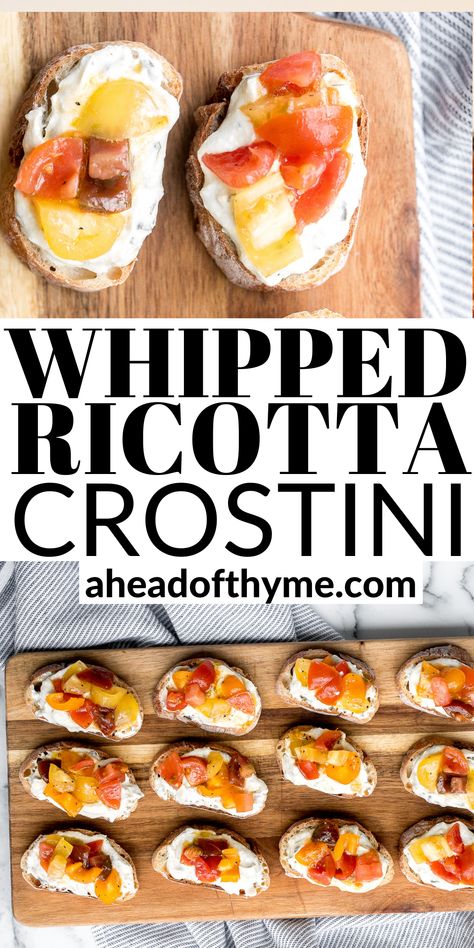 Baguette Appetizer, Bruchetta Appetizers, Crostini Toppings, Party Fingerfood, Thanksgiving Apps, Ricotta Crostini, Snack Boards, Crostini Appetizers, Whipped Ricotta