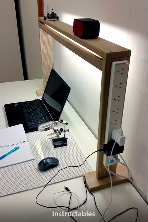 TechKiwiGadgets's desk light and shelf with power box is great for a home office or a makers area. #Instructables #workshop #woodworking #lighting #workspace Light Elf, Desk Diy, Light Shelf, Diy Halloween Decor, Into The Wood, Diy Holz, Wood Plans, Pole Barn Homes, Design Industrial